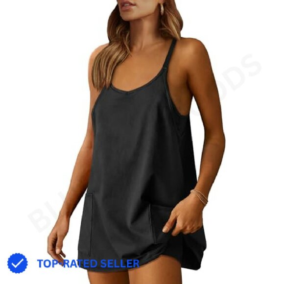 Athletic Mini Romper Dress Built-in Shorts Spaghetti Straps V Neck Summer Active - Picture 2 of 8